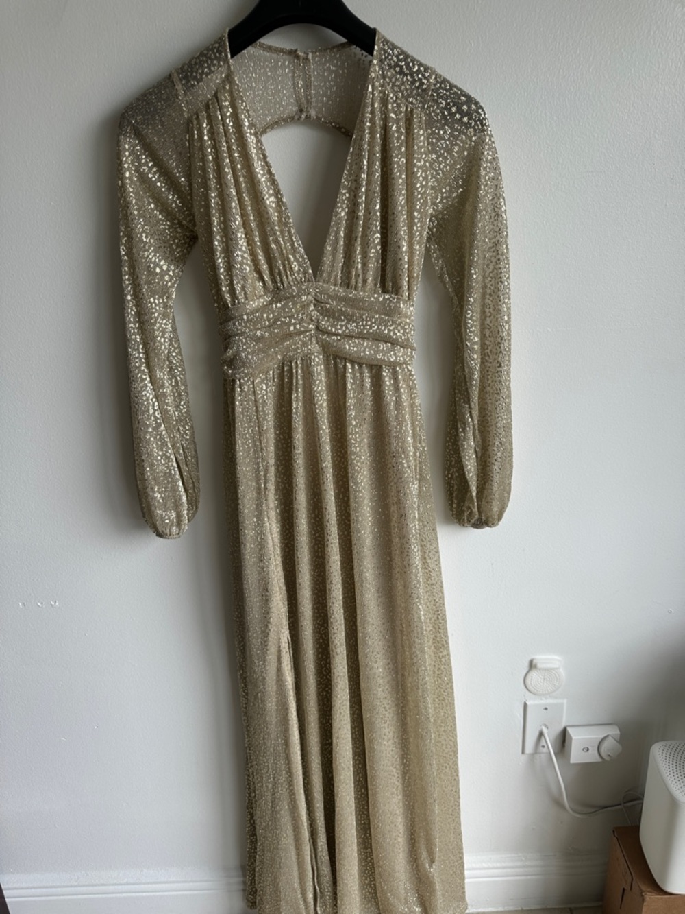 Long-Sleeve Gold Sequin Evening Gown